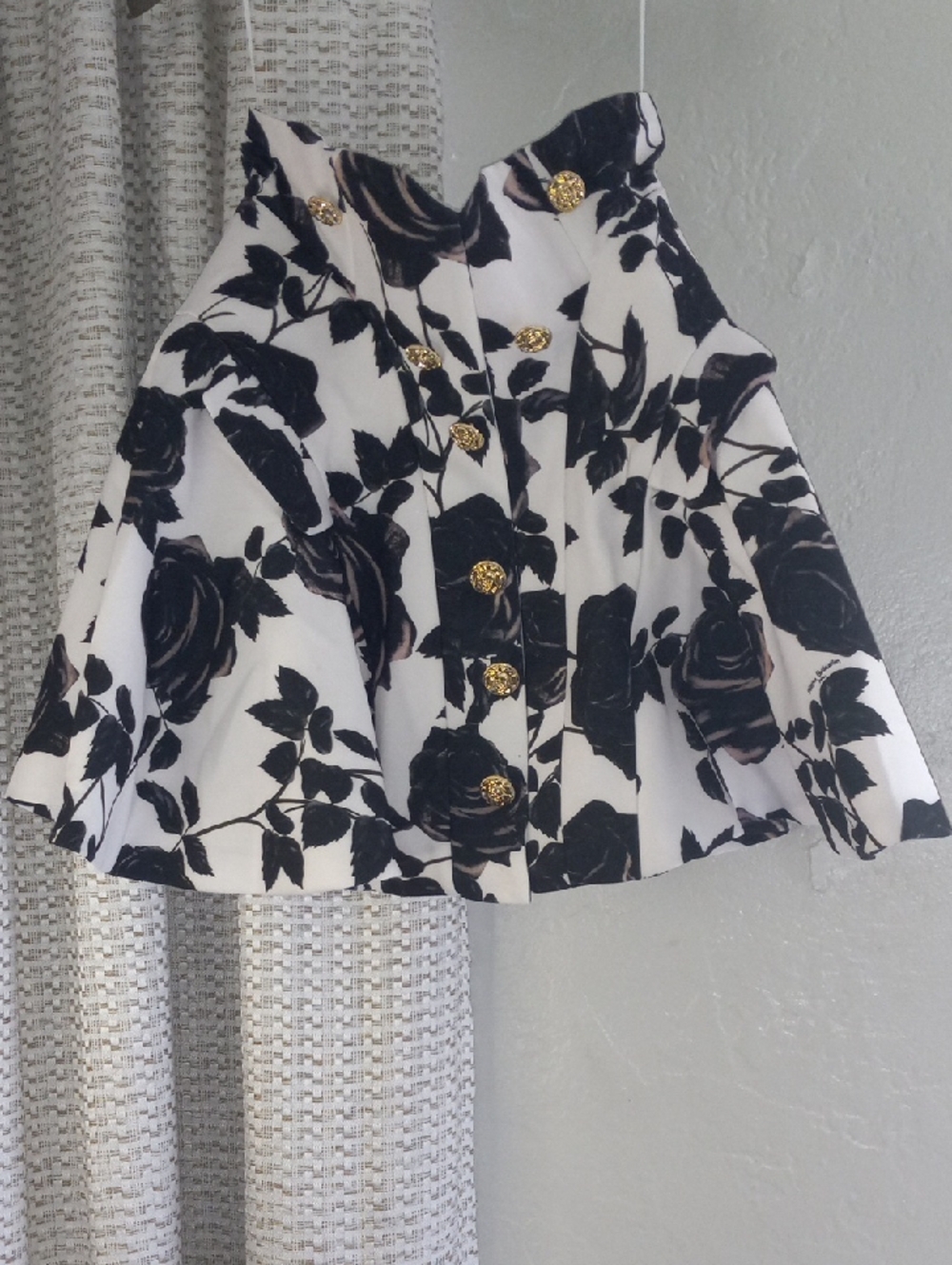 Source Unknown Black and White Floral Peplum Jacket with Gold Buttons